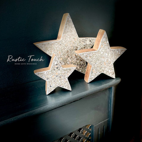 Set of 3 silver mosaic wooden stars