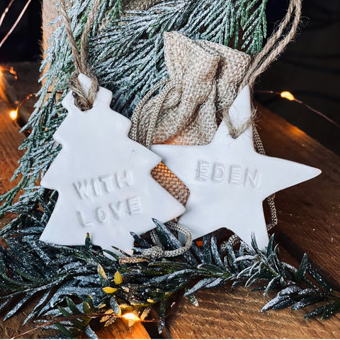 Personalised Star or Tree clay tag.